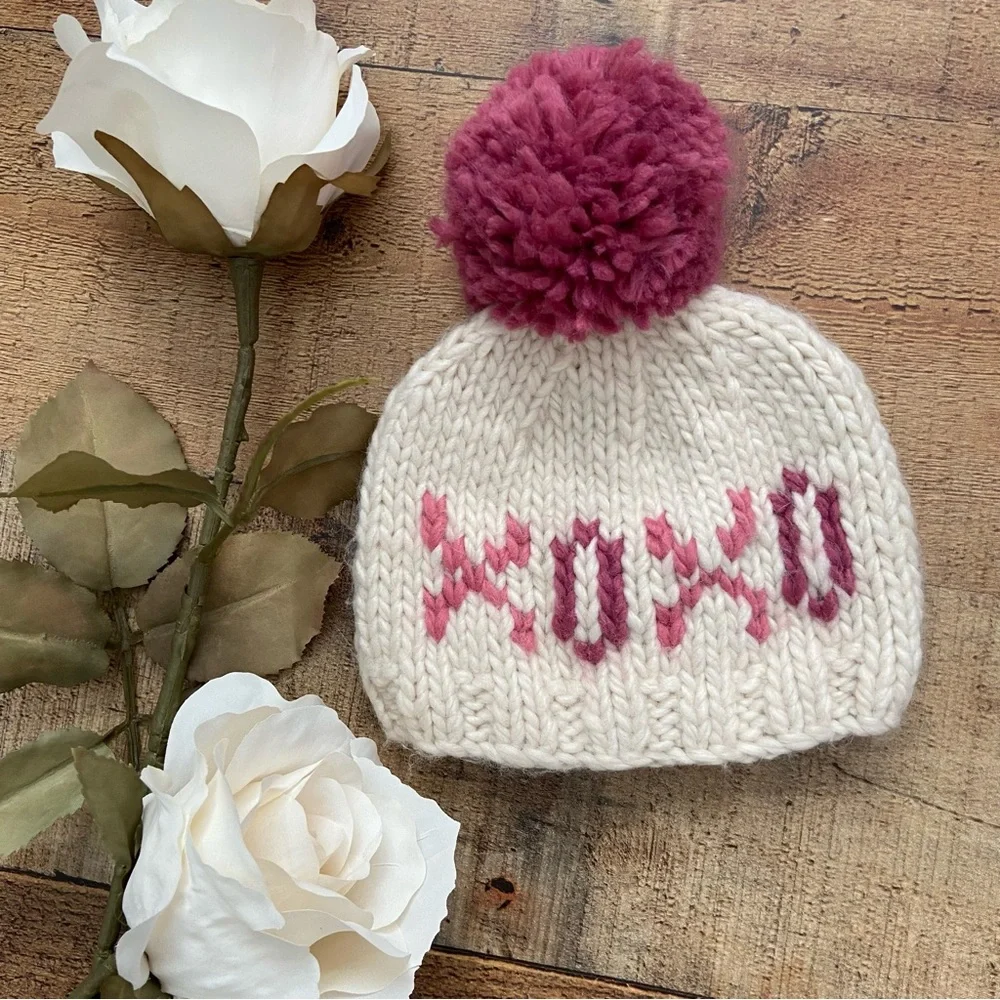 Beanie Hats (2) Hand Knit Cozy 2 HATS INFANT + Toddler Pom Pom Valentines Day